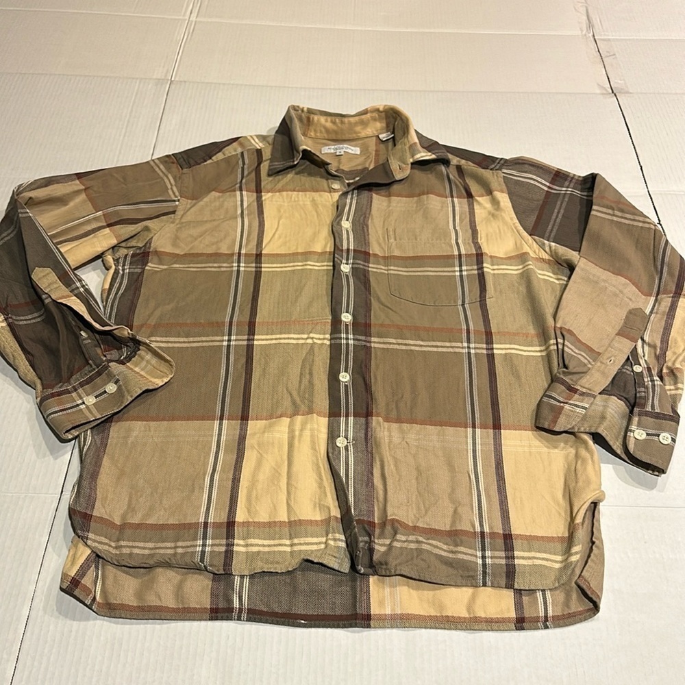 Alex Cannon 100%cotton striped plaid button down shirt w one pocket browns tans